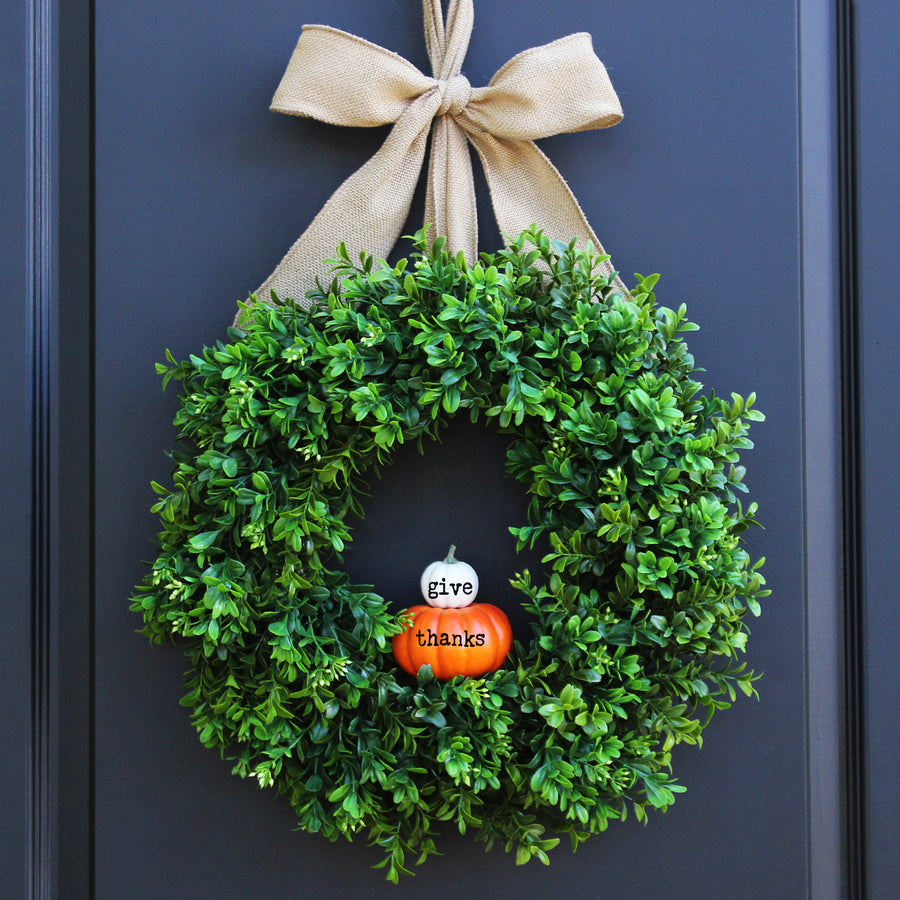 Give Thanks Pumpkin Boxwood Wreath with Bow