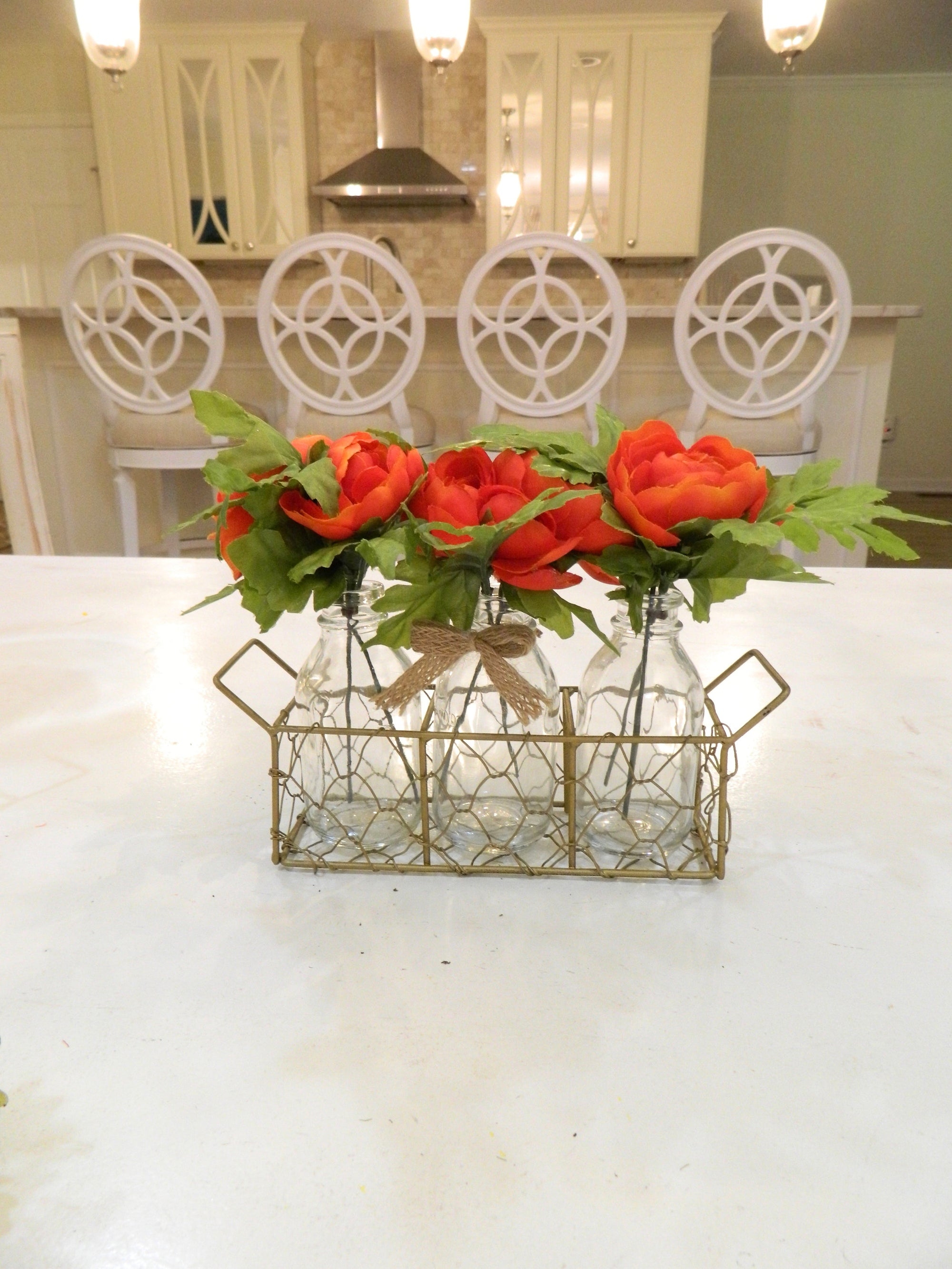 Red Ranunculus Vases with Chicken Wire Basket