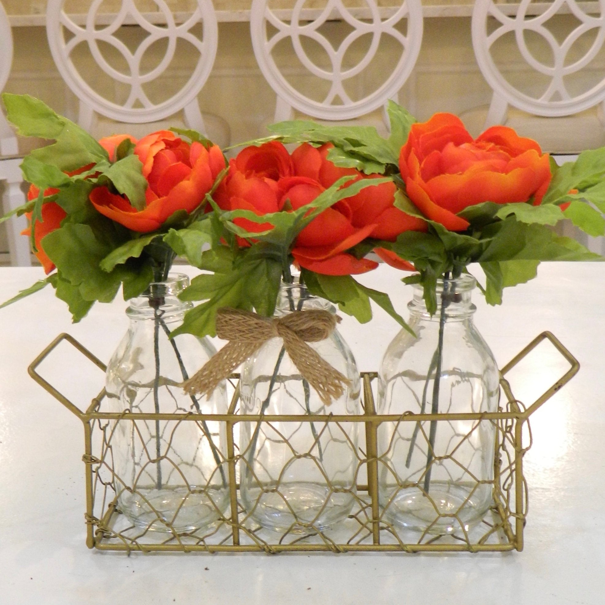 Red Ranunculus Vases with Chicken Wire Basket