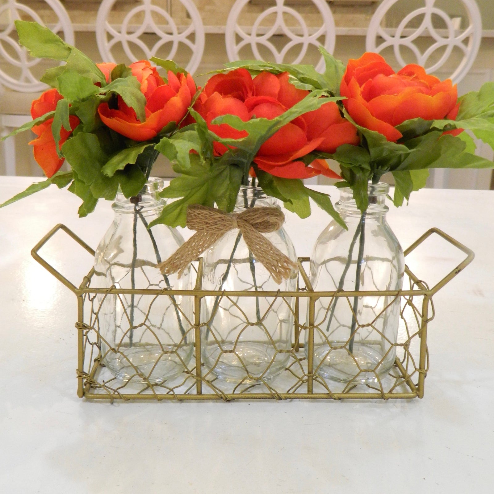 Red Ranunculus Vases with Chicken Wire Basket