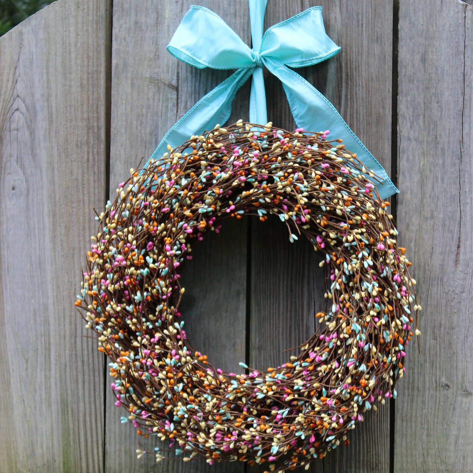 Pink, Light Teal, & Yellow Pip Berry Wreath with Bow
