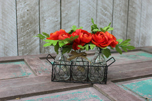 Red Ranunculus Vases with Chicken Wire Basket