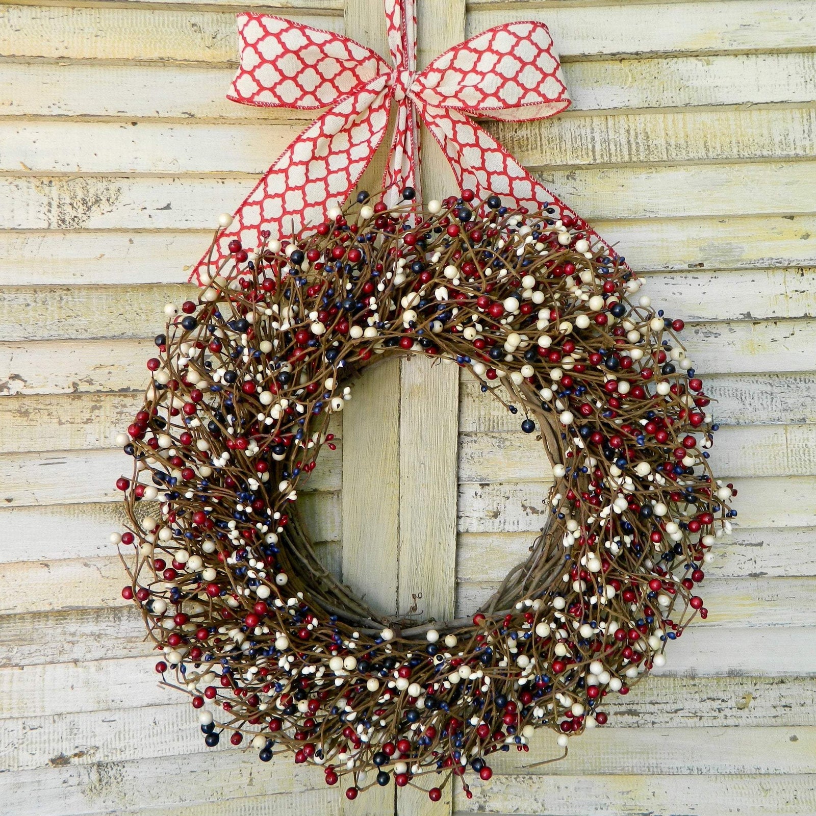 Patriotic Red White and Blue Berry Wreath with Bow
