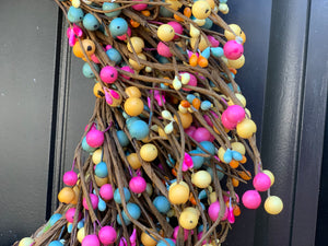Pink Teal & Yellow Pip Berry Wreath with Bow