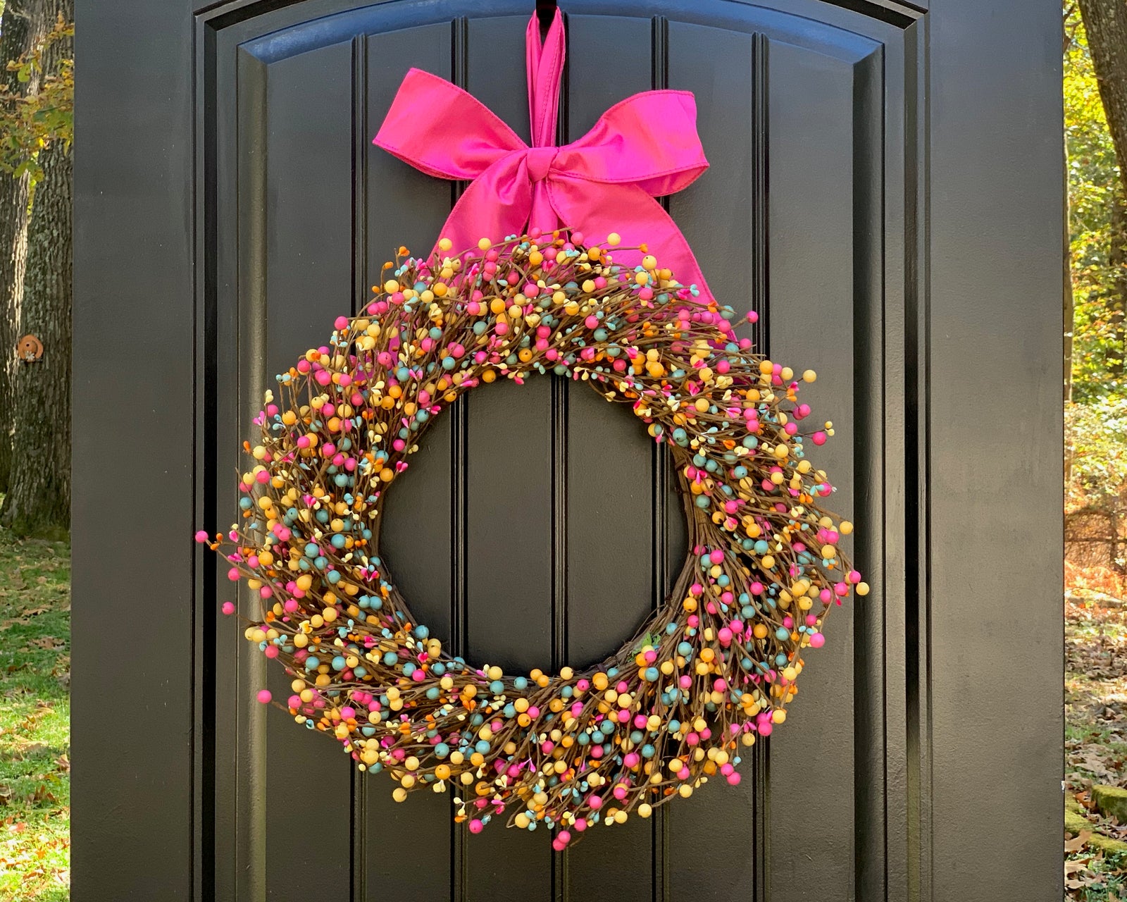 Pink Teal & Yellow Pip Berry Wreath with Bow