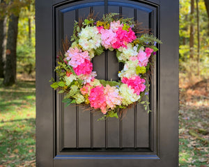 Pink & Green Hydrangea Wreath - Spring Flower Wreath - Outdoor Wreath - Front Porch Decor