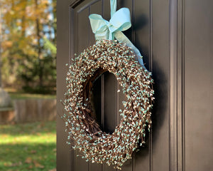 Teal and Cream Pip Berry Wreath with Bow
