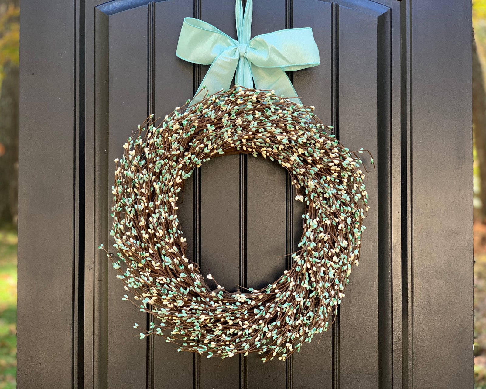 Teal and Cream Pip Berry Wreath with Bow