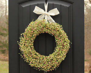 Green Pink & Cream Berry Wreath with Leaves