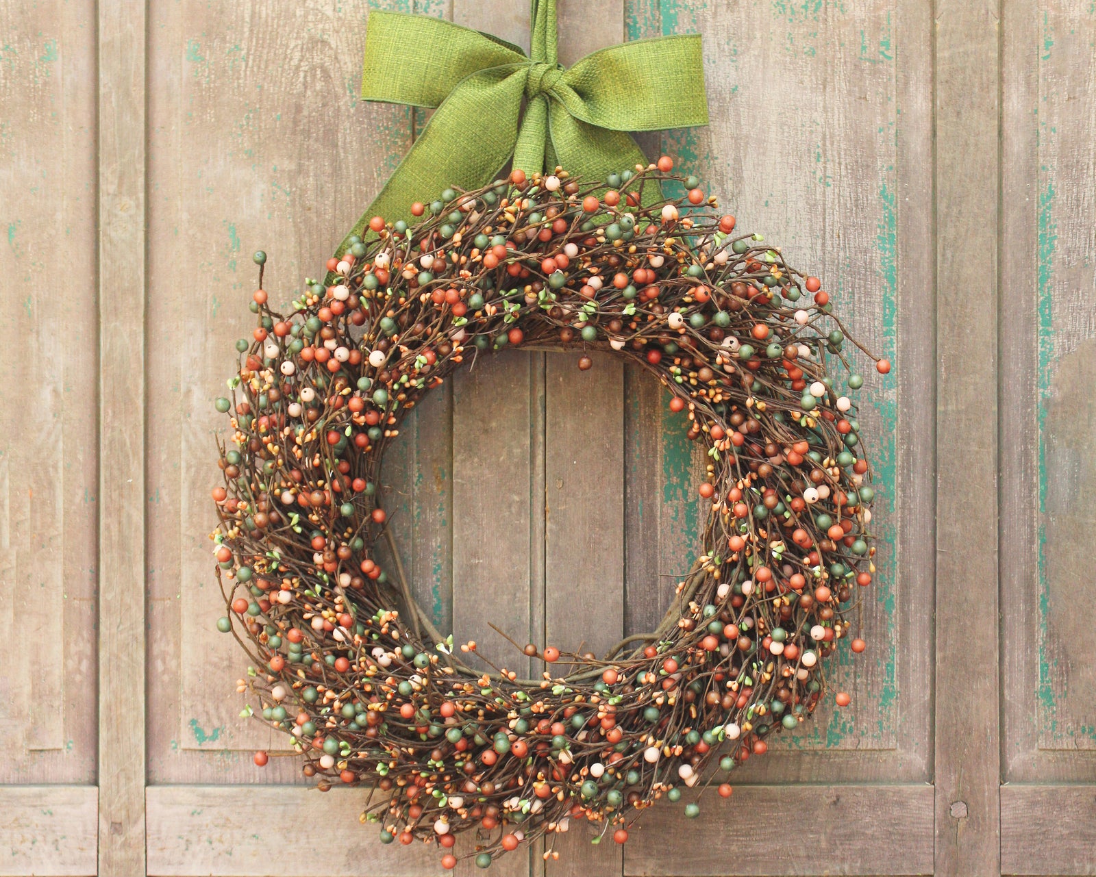 Pink Green Brown Berry Wreath with Bow