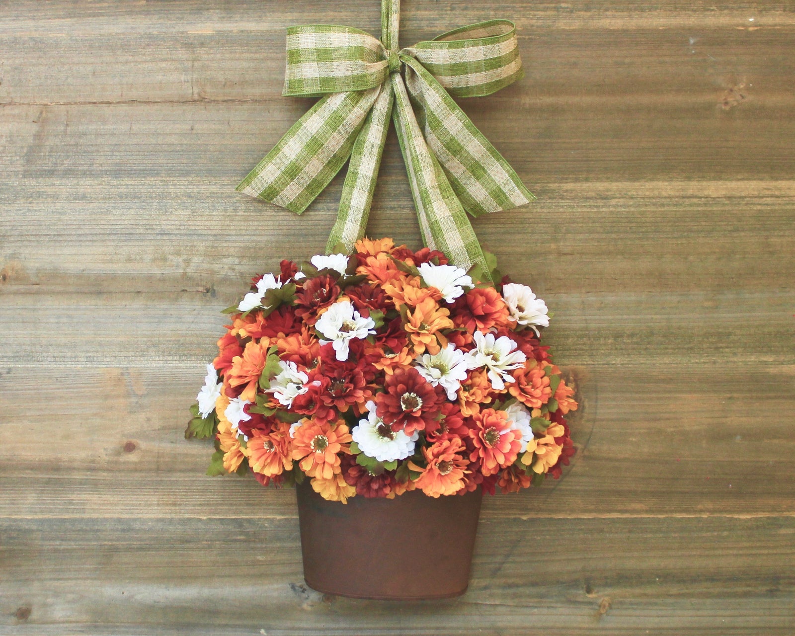 Fall Flower Arrangement Door Hanger - Zinnia Door Bucket - Floral Fall Wreath