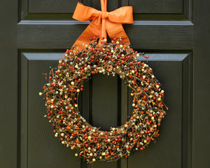 Orange Grey Black Cream Berry Wreath with Bow