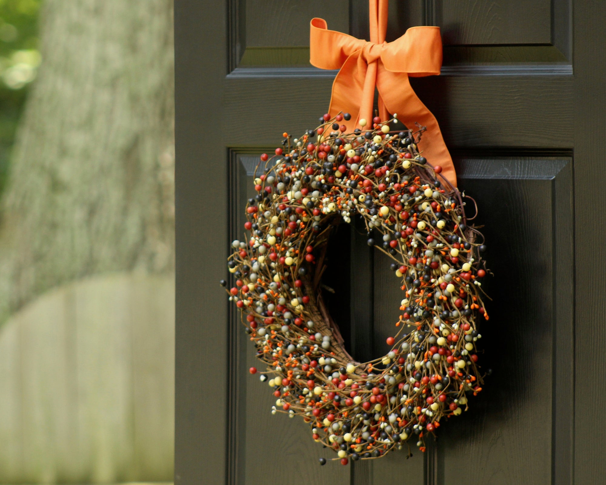 Orange Grey Black Cream Berry Wreath with Bow