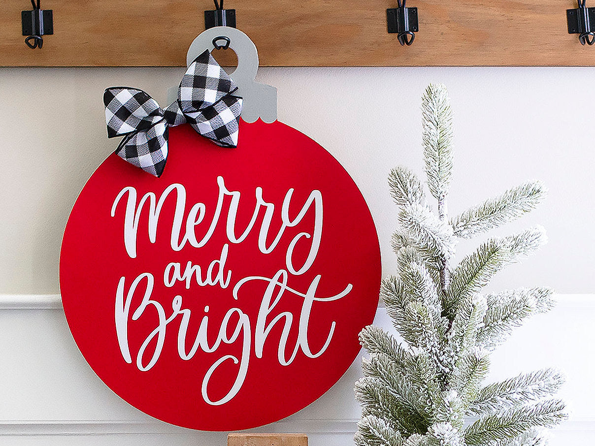 Holiday decor, gift for her, Christmas ornament door hanger, merry and bright holiday wreath, red wood round door hanger