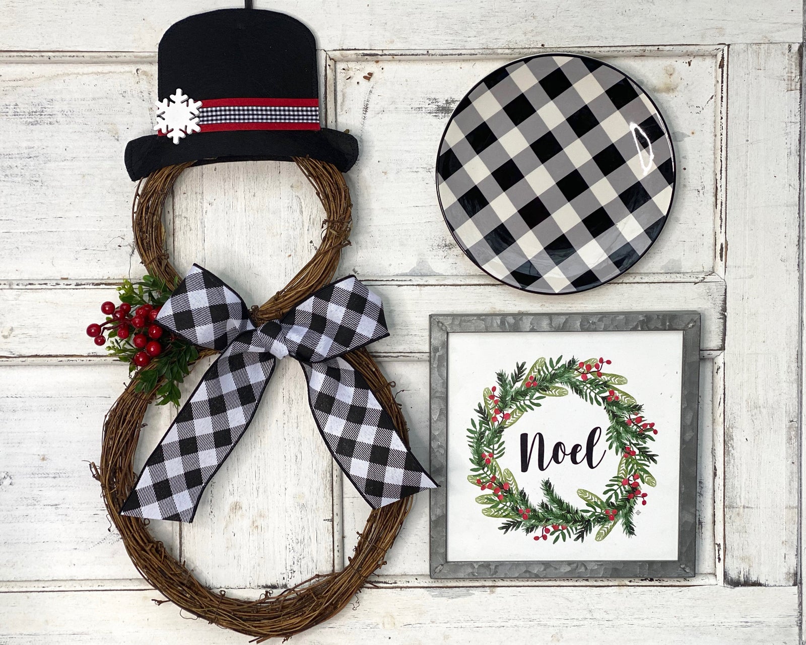 Snowman Wreath - Grapevine Snowman - Farmhouse Buffalo Check Wreath - Christmas Snowman Wreath
