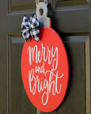 Holiday decor, gift for her, Christmas ornament door hanger, merry and bright holiday wreath, red wood round door hanger