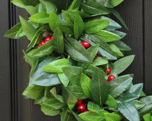 Holiday wreath, holiday decor, Christmas wreath, laurel wreath with red berries