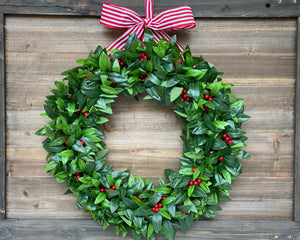 Holiday wreath, holiday decor, Christmas wreath, laurel wreath with red berries