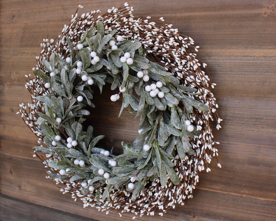 Holiday wreath, holiday decor, Christmas wreath, sparkling mistletoe greenery wreath, cream berry wreath