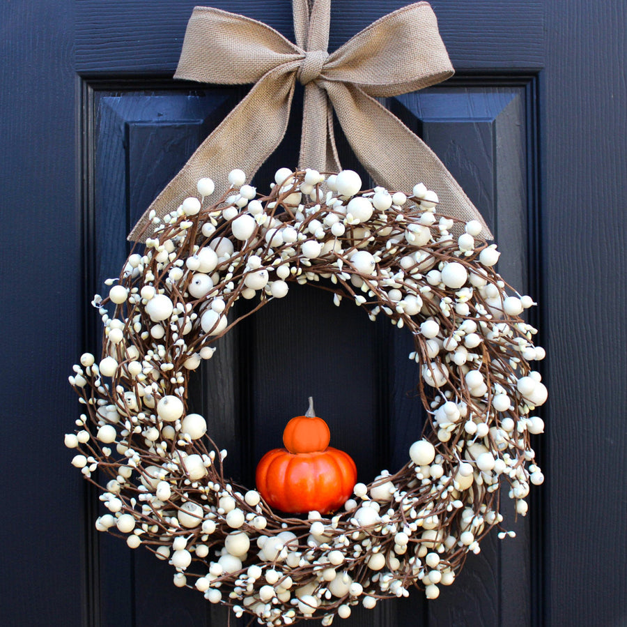 Cream Combo Berry Wreath with Pumpkins with Bow