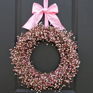 Cream & Pink Pip Berry Wreath with Bow